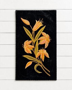 Antique Edwardian Wool Needlework Lily Panel on Black Velvet Arts Crafts